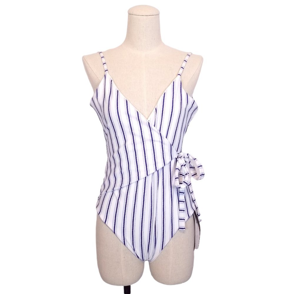 NWT SKYE & Staghorn Tie Front One Piece Swimsuit White & Blue Stripes Sz 8
